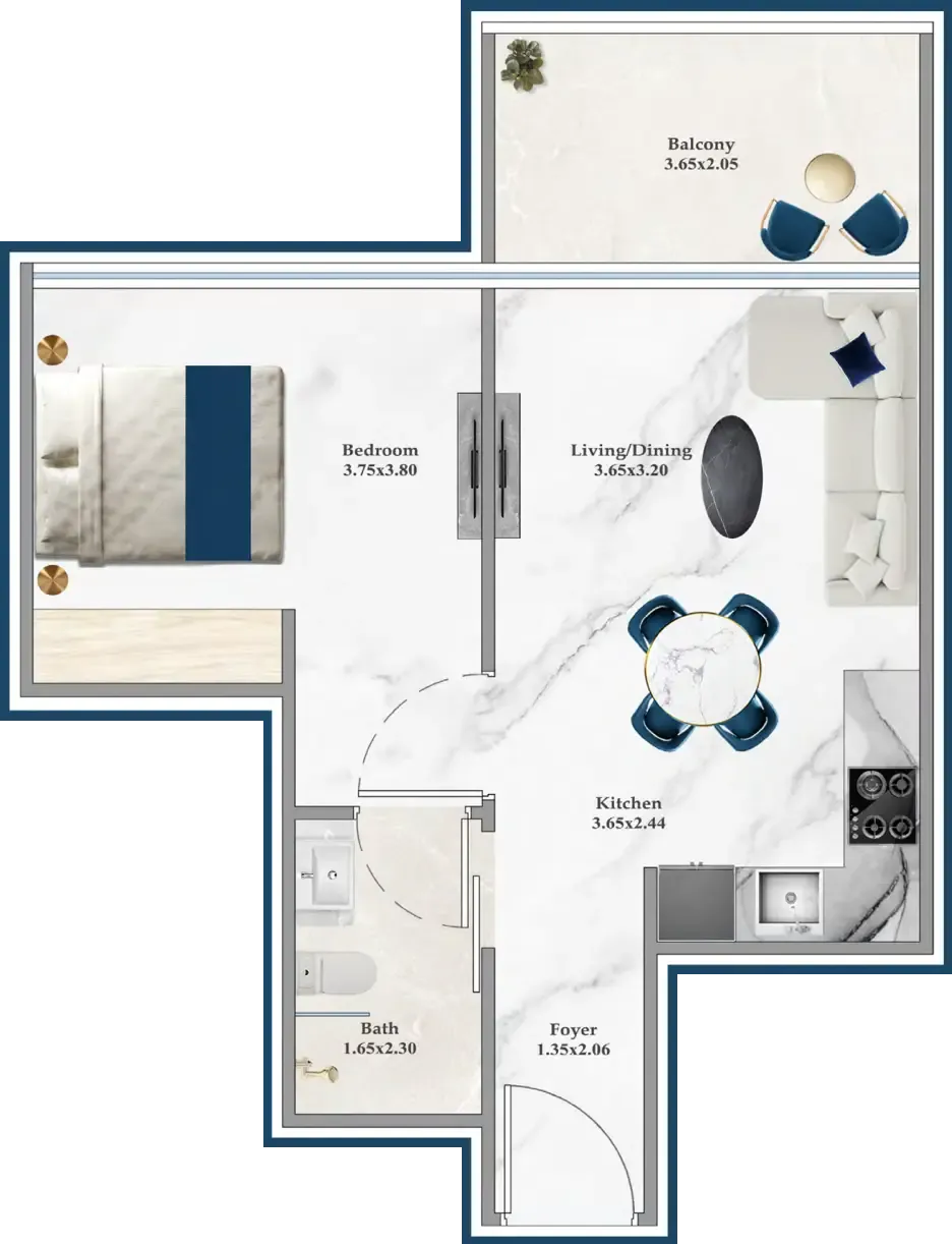 Serenz 1 bed floor plan, 540 sqft