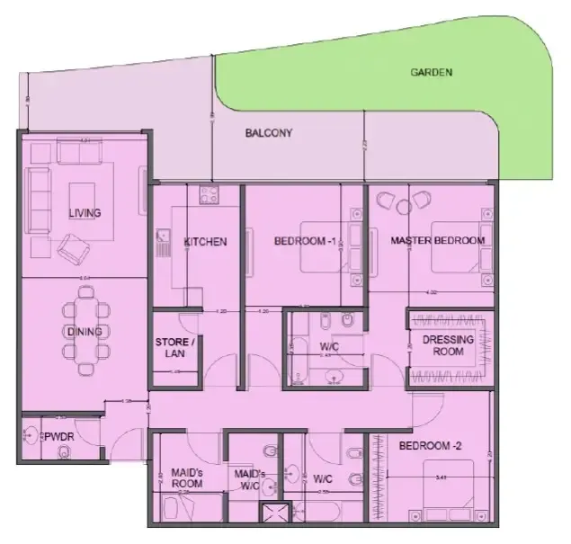 One Residence Al Reem Island 3 bed floor plan, 2,290 sqft