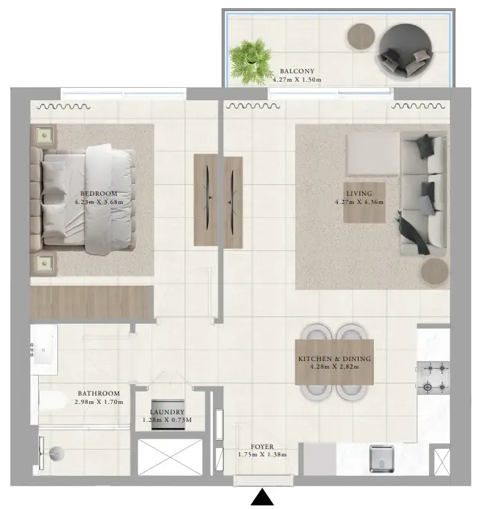 Greenside Residence 1 bed floor plan, 743 sqft