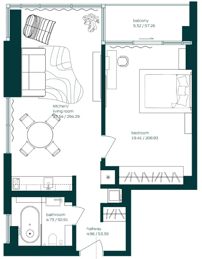Vibe 1 bed floor plan, 740 sqft