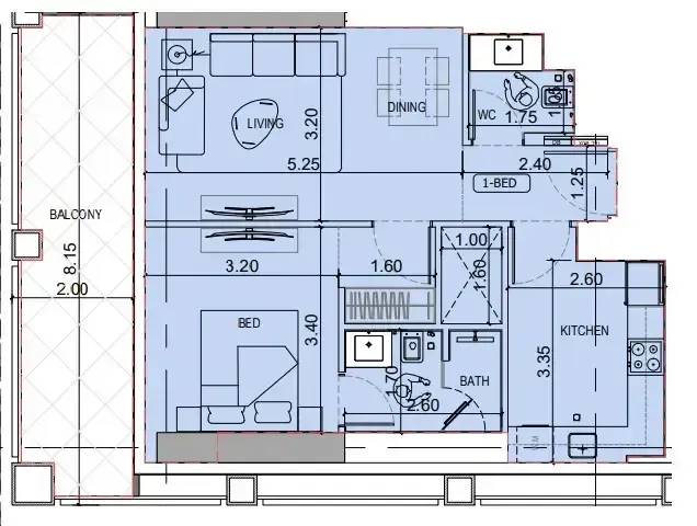 Binghatti Titania 1 bed floor plan, 772 sqft