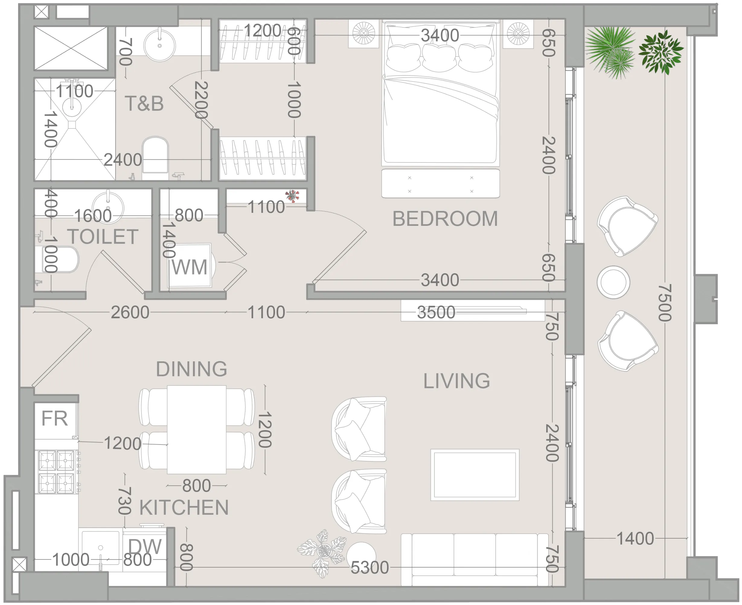 VERDAN1A 2 1 bed floor plan, 753 sqft
