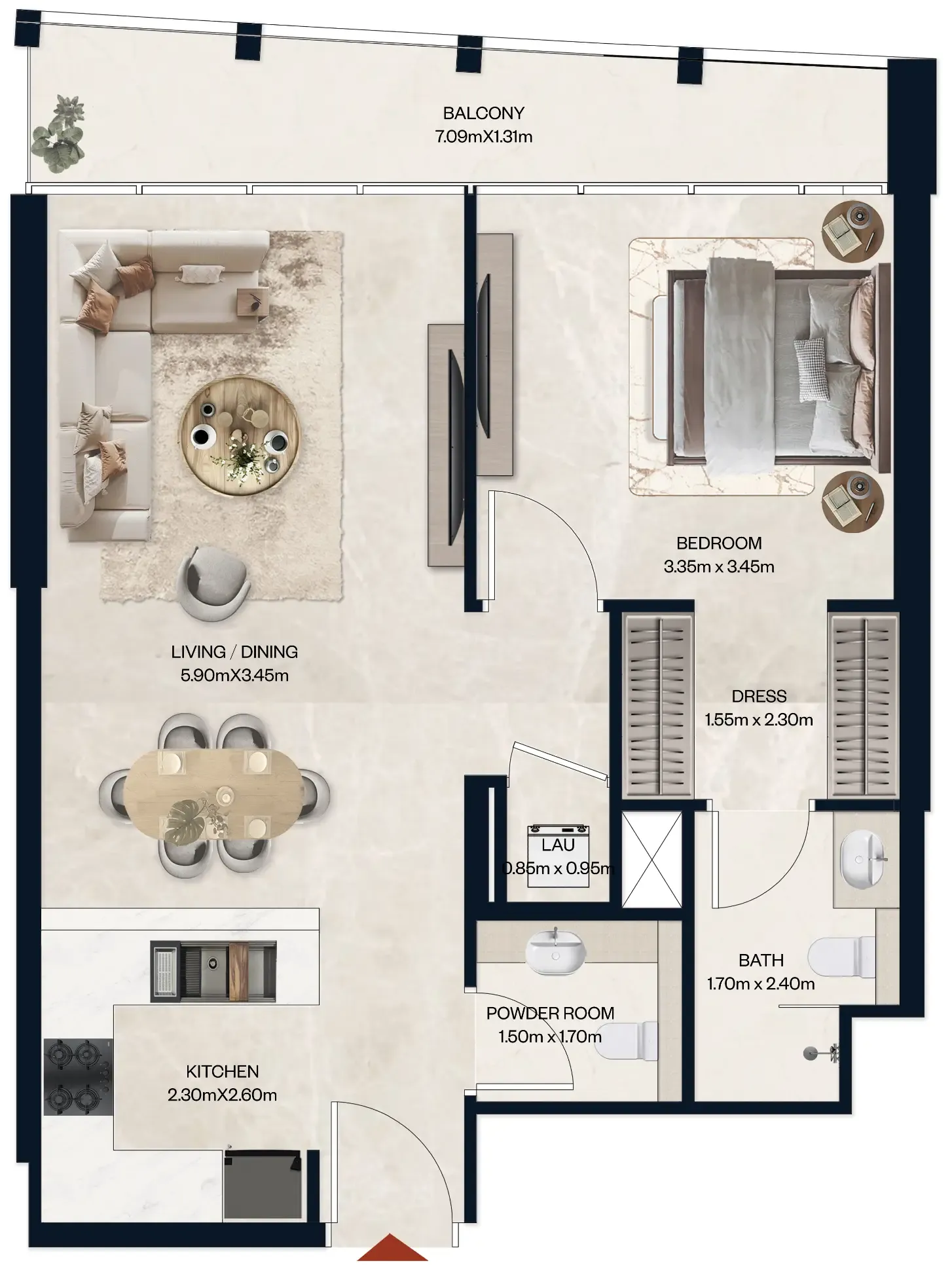 Norah Residence 1 bed floor plan, 719 sqft