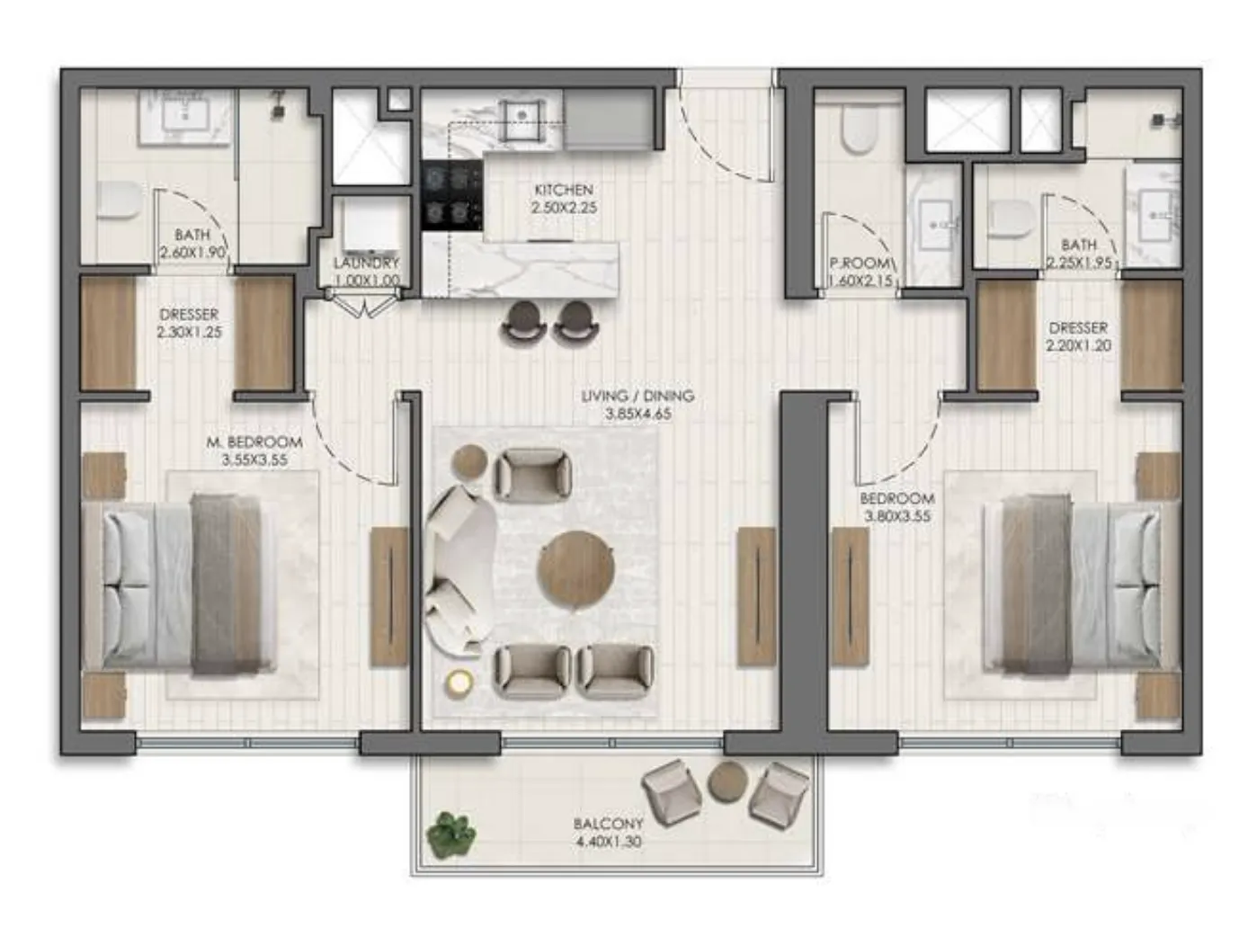 Belmont 2 bed floor plan, 955 – 1,043 sqft
