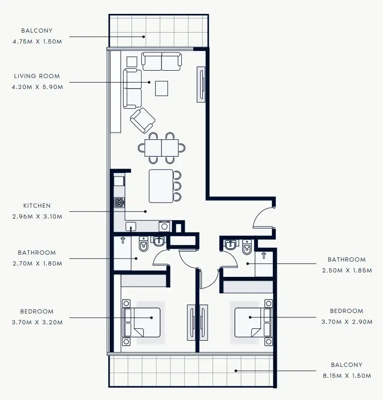 Riviera Rêve 2 bed floor plan, 1,241 – 1,242 sqft