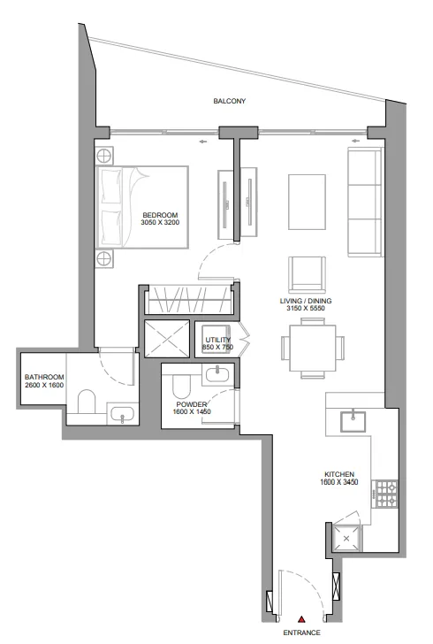The Eden at Sobha Central 1 bed floor plan, 744 sqft
