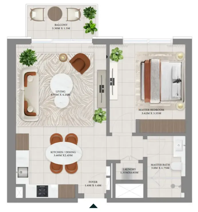 Vida Residences Hillside 1 bed floor plan, 735 sqft