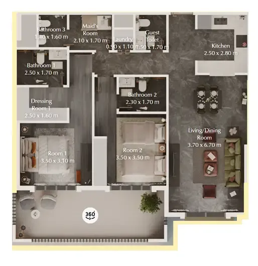 Bab Al Qasr Garden Residences 65 2 bed floor plan, 1,210 sqft