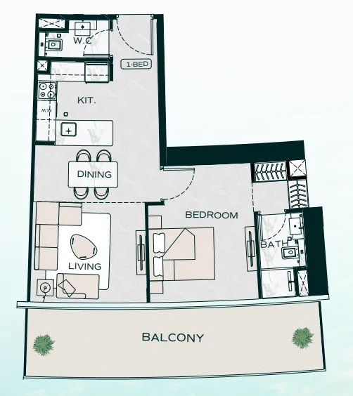 Binghatti Aquarise 1 bed floor plan, 824 – 832 sqft