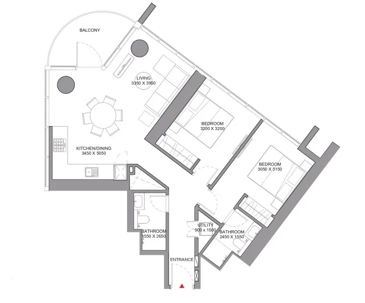 Sobha Orbis 2 bed floor plan, 988 – 990 sqft