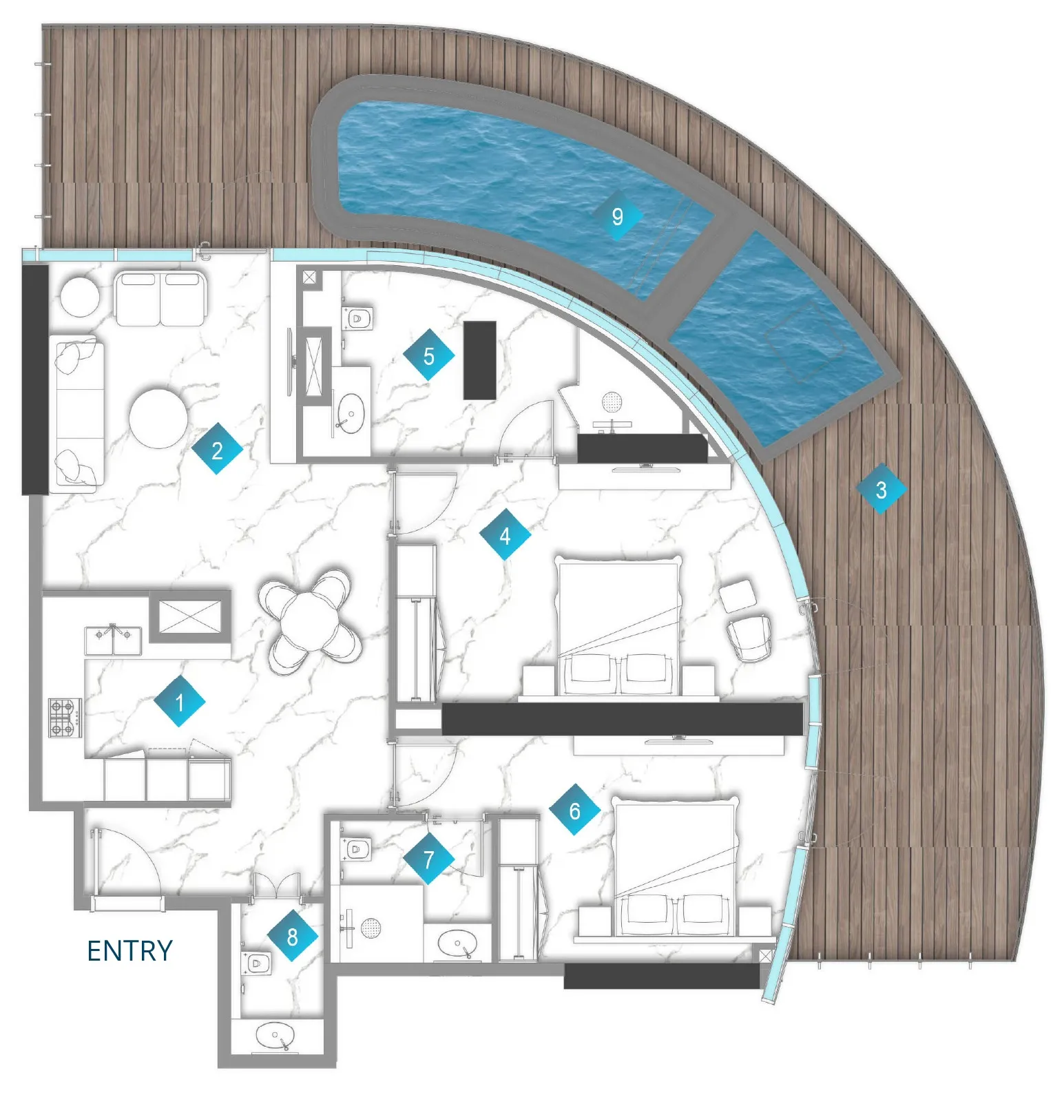 Aqua Arc 2 bed floor plan, 2,080 sqft