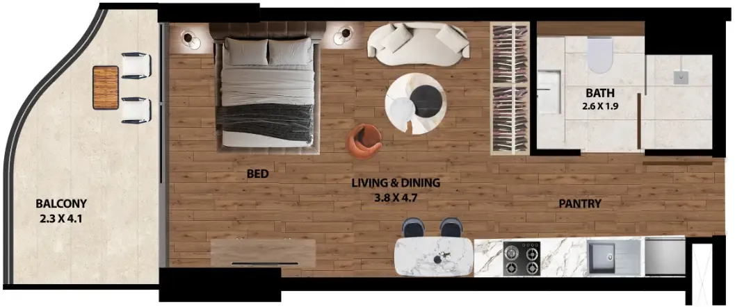 Marquis One Studio floor plan, 430 – 432 sqft