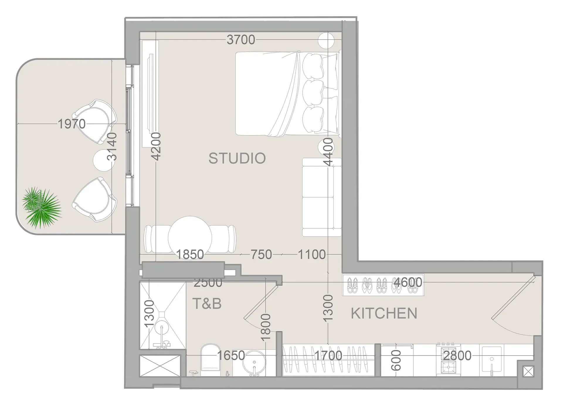 TETR1S Tower Studio floor plan, 429 sqft