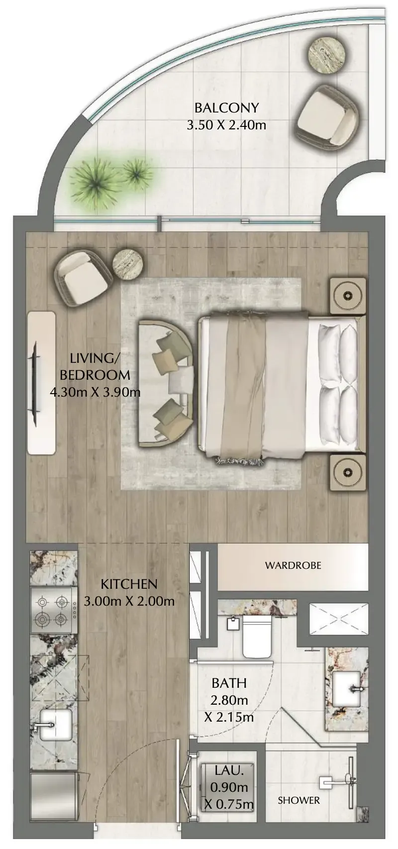 One Residence Studio floor plan, 470 sqft