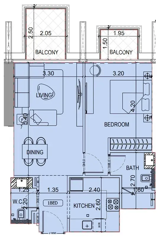 Binghatti Luxuria 1 bed floor plan, 651 sqft