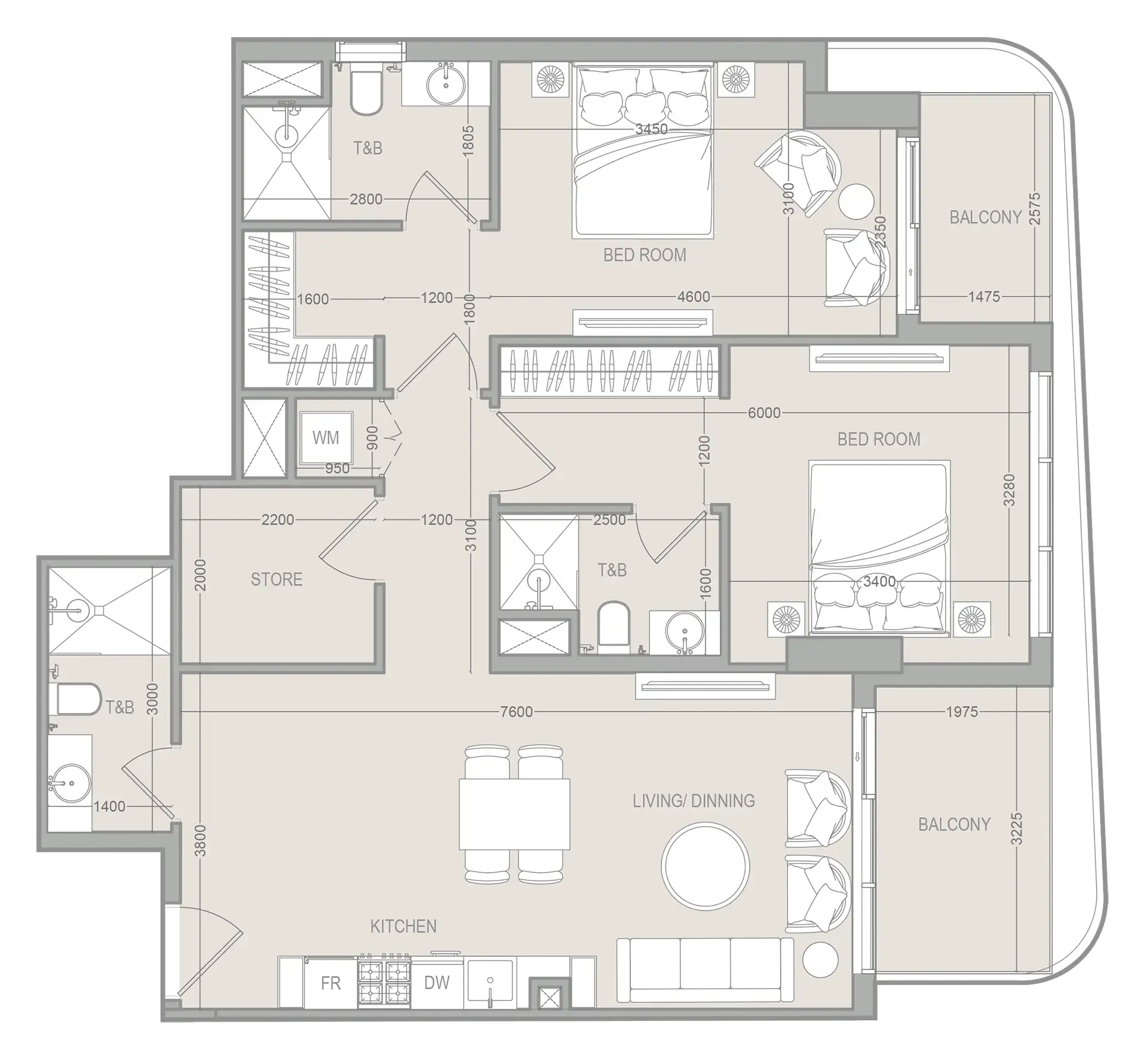 FLU1D ONE 2 bed floor plan, 1,131 sqft