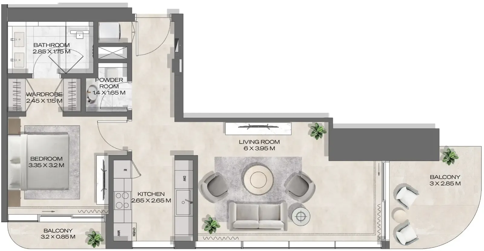 DWTN Residences 1 bed floor plan, 896 sqft