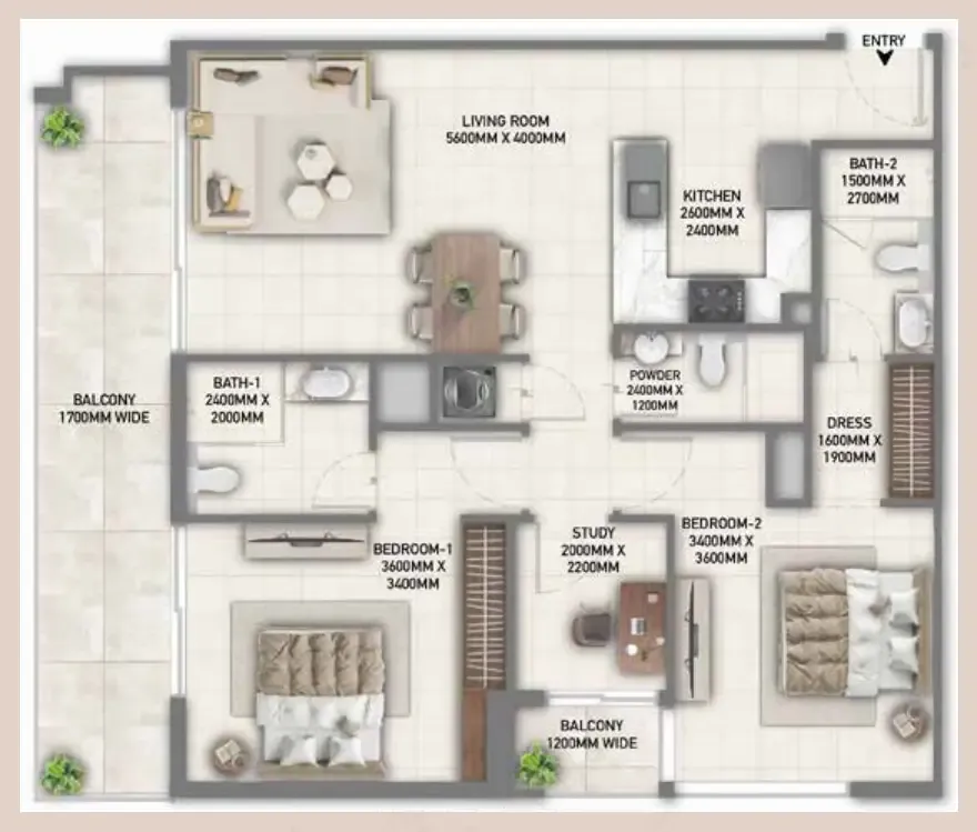 Blossom 40 2 bed floor plan, 1,221 sqft