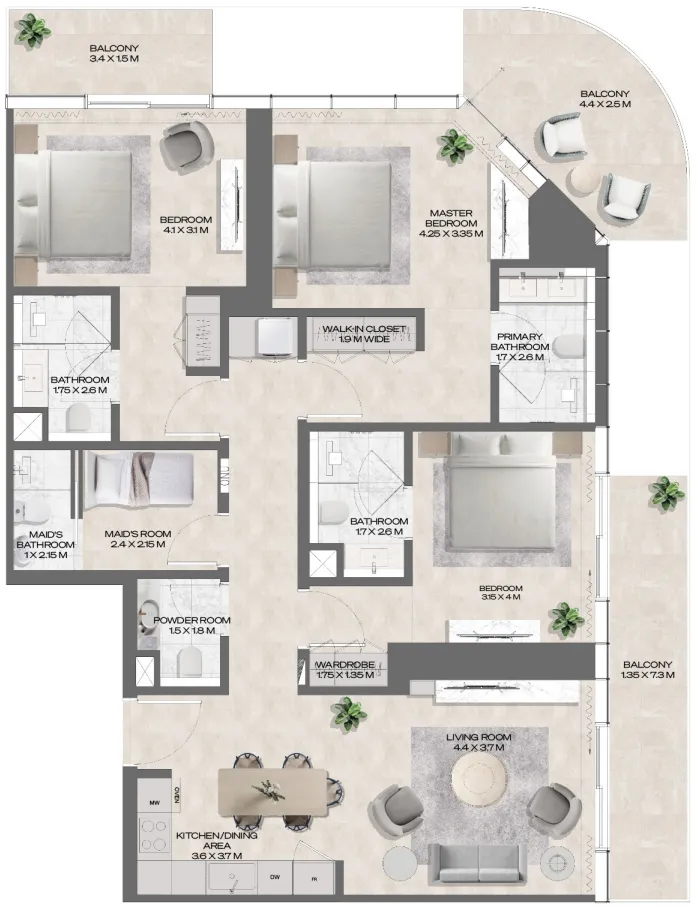 DWTN Residences 3 bed floor plan, 1,681 sqft