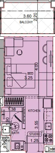 Binghatti Titania Studio floor plan, 375 – 376 sqft