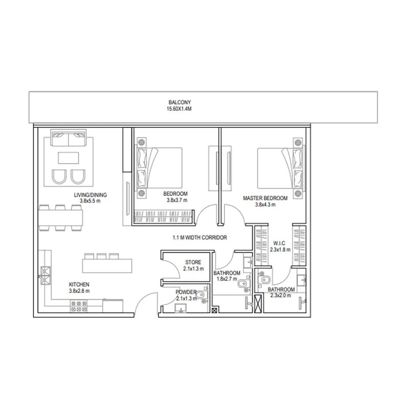 Golf Place 2 bed floor plan, 1,375 sqft
