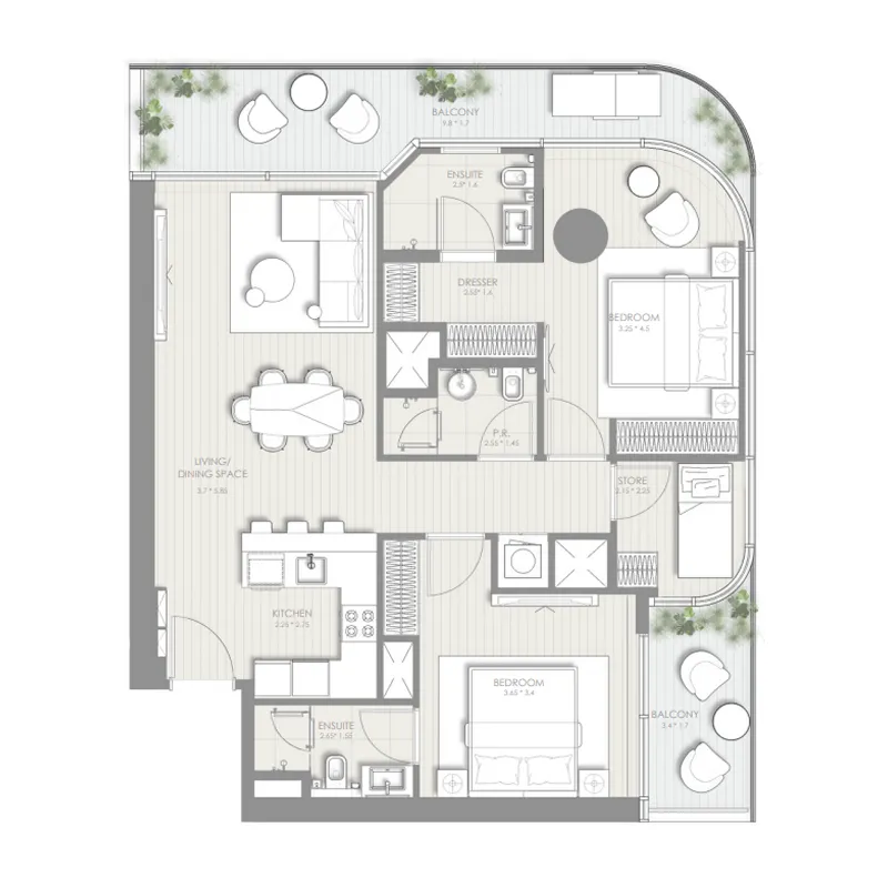 Sol Luxe 2 bed floor plan, 1,256 – 1,257 sqft