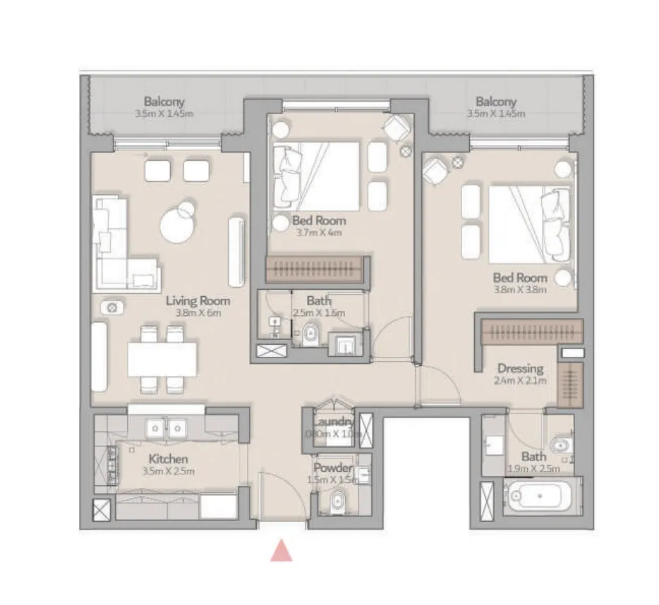 South Square Tower S1 2 bed floor plan, 1,230 – 1,231 sqft