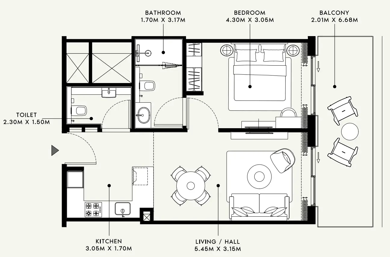 Azizi Venice 1 bed floor plan, 736 sqft