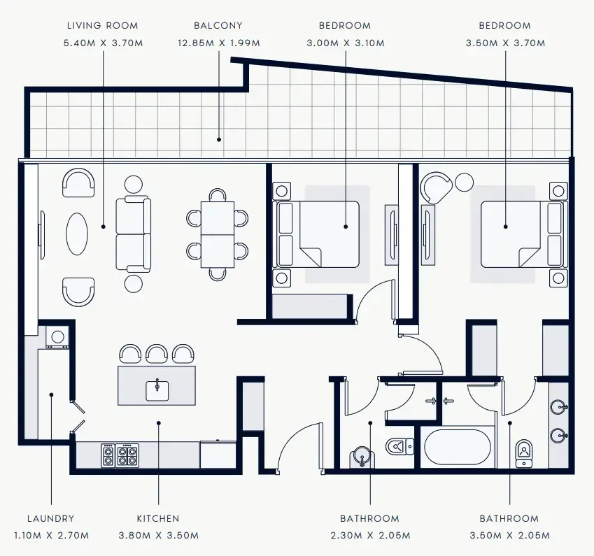 Riviera Rêve 2 bed floor plan, 1,262 sqft