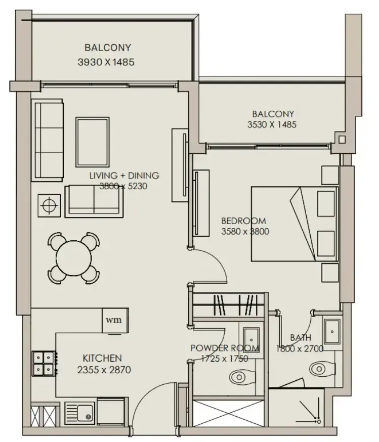 Nirvana Residences 1 1 bed floor plan, 747 sqft