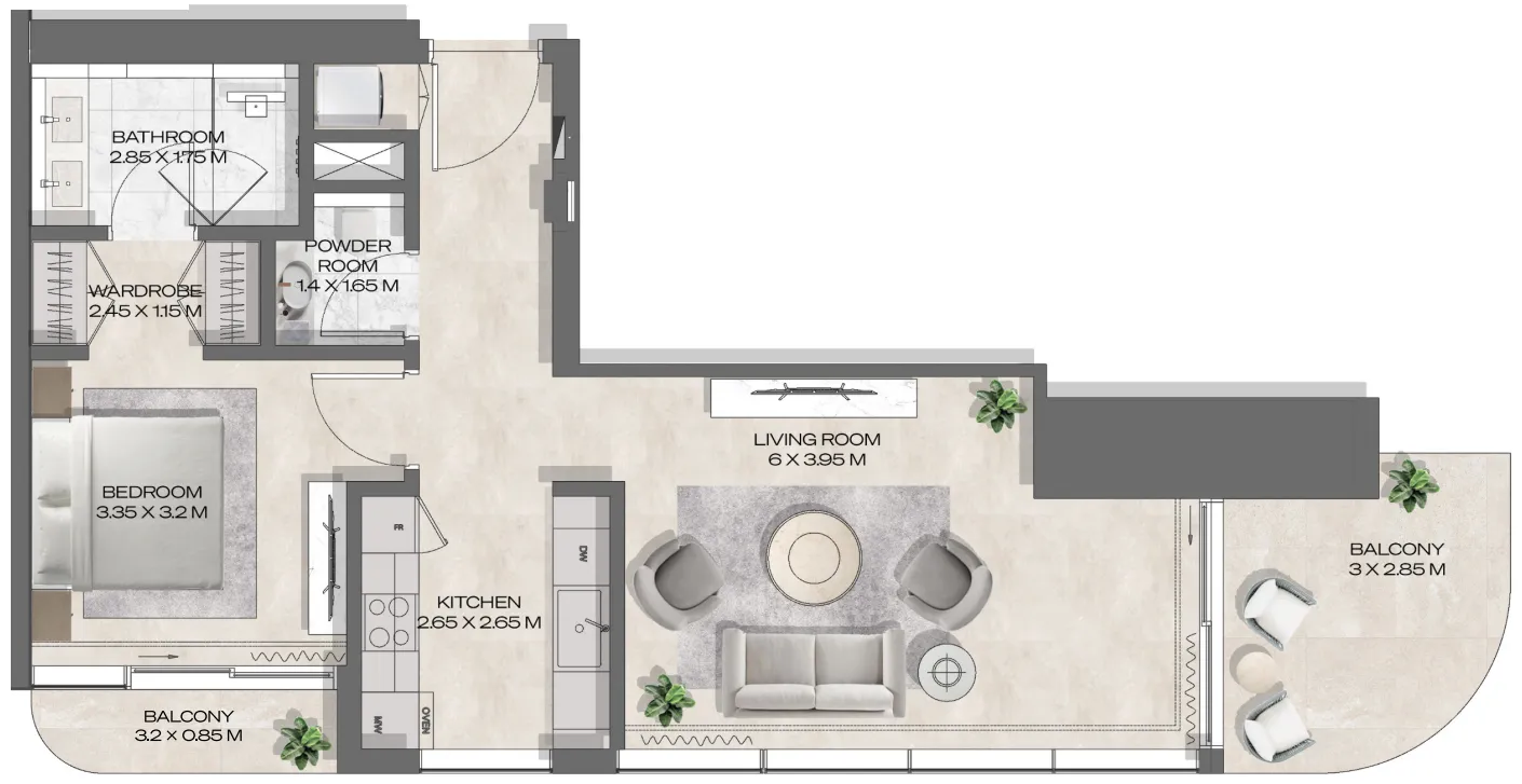 DWTN Residences 1 bed floor plan, 896 – 897 sqft