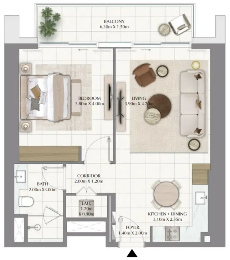 Valia 1 bed floor plan, 817 sqft