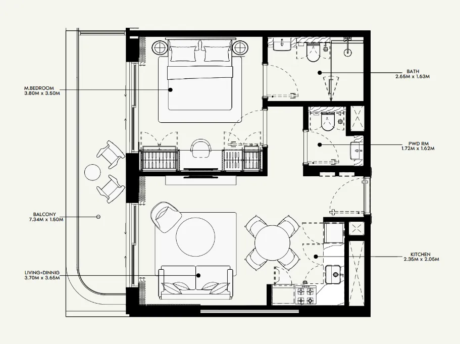 Azizi Venice 1 bed floor plan, 689 sqft