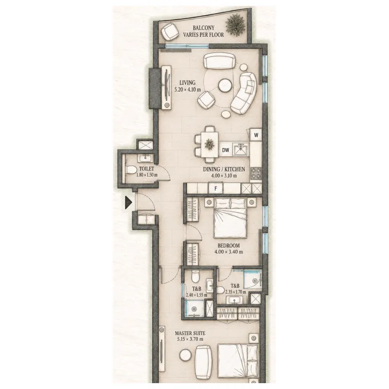 Epoque 2 bed floor plan, 1,142 – 1,147 sqft