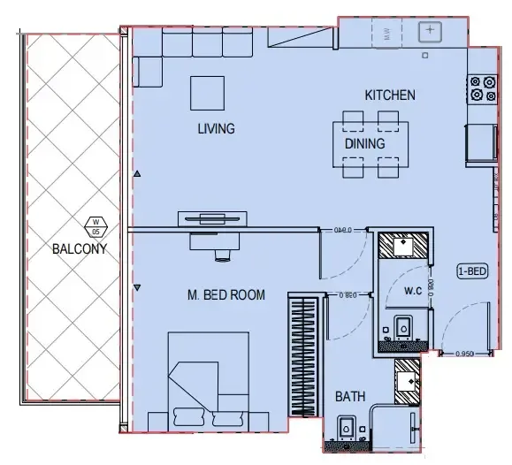 Binghatti Apex 1 bed floor plan, 832 sqft