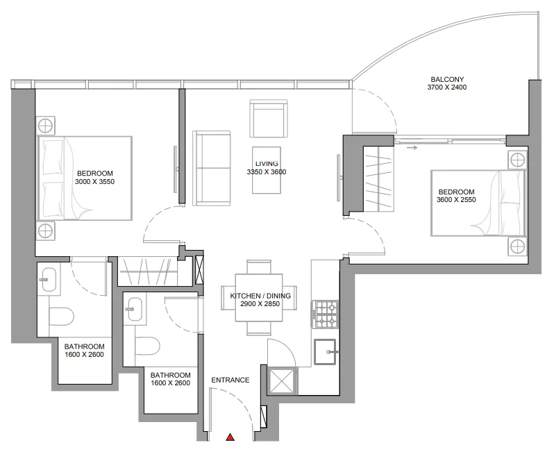 Sobha Aquamont 2 bed floor plan, 733 sqft