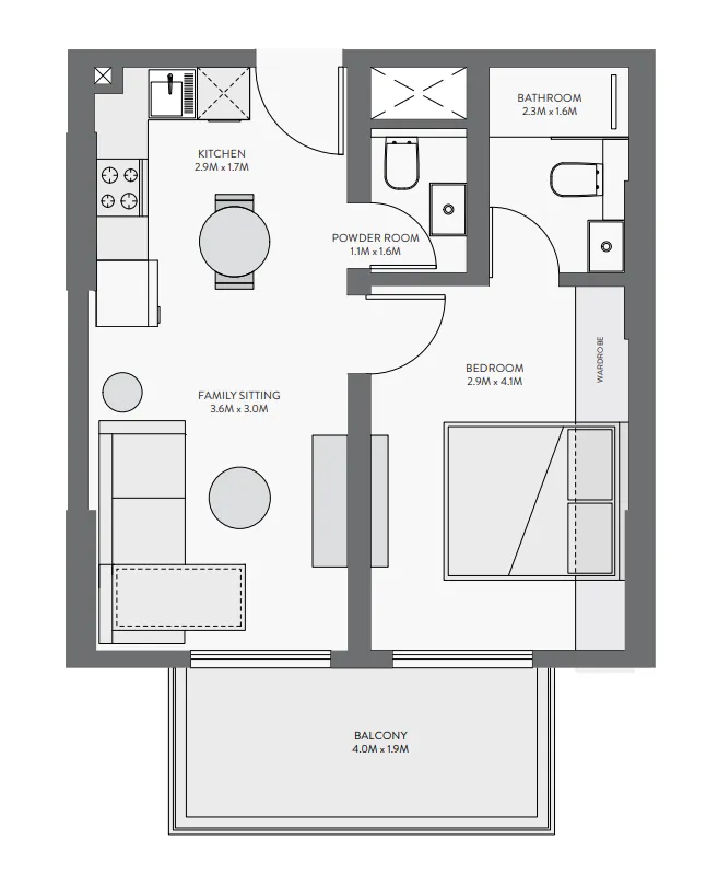 Equiti Gate 1 bed floor plan, 599 sqft