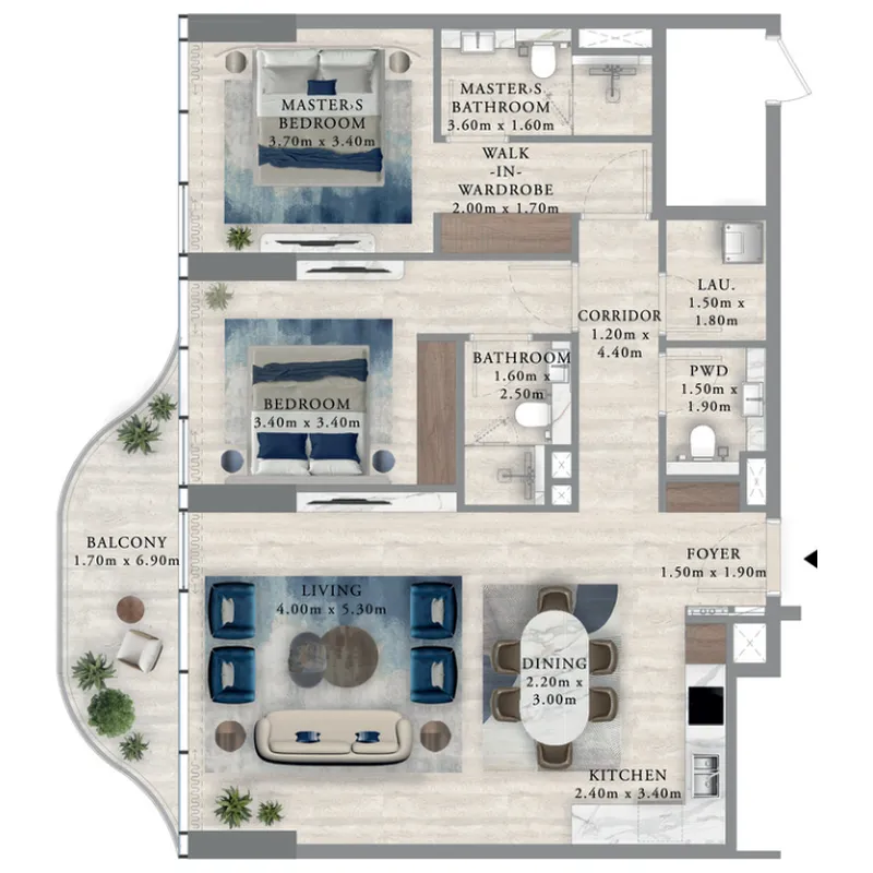 Royal Yacht Club Residence 2 bed floor plan, 1,197 sqft