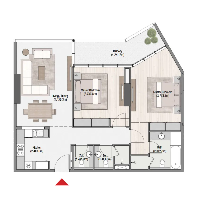 South Living 2 bed floor plan, 1,306 sqft