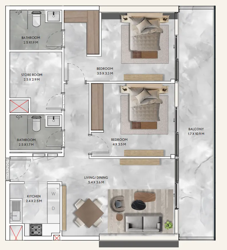 California Residences 2 bed floor plan, 1,161 sqft