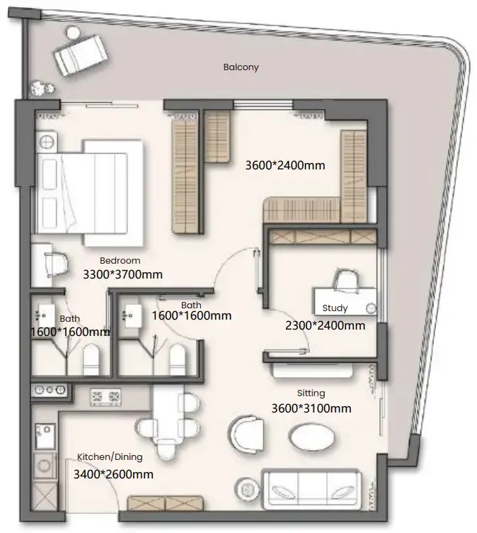 Yigo 26 1 bed floor plan, 844 sqft