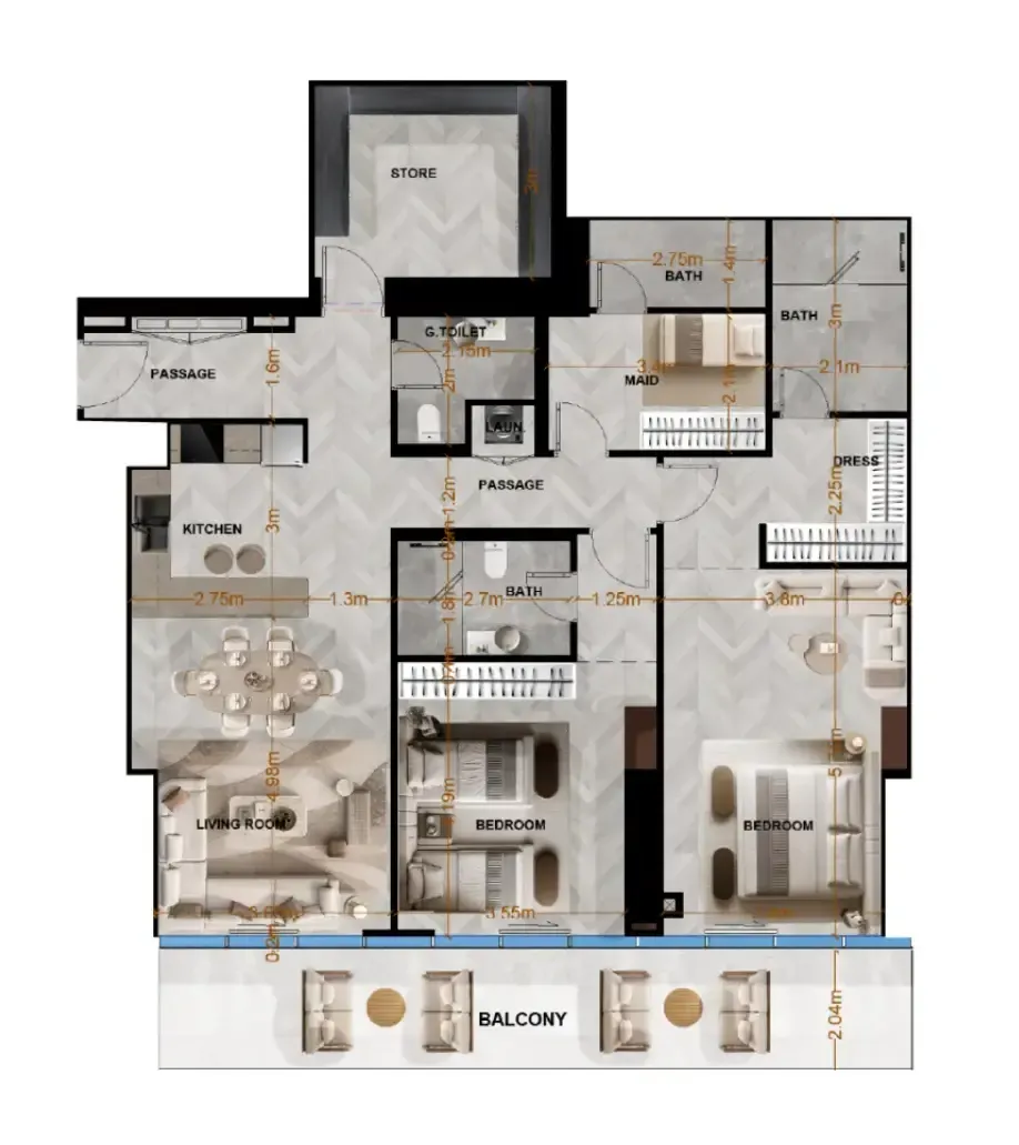 Radiant Terrace 2 bed floor plan, 1,745 – 1,746 sqft
