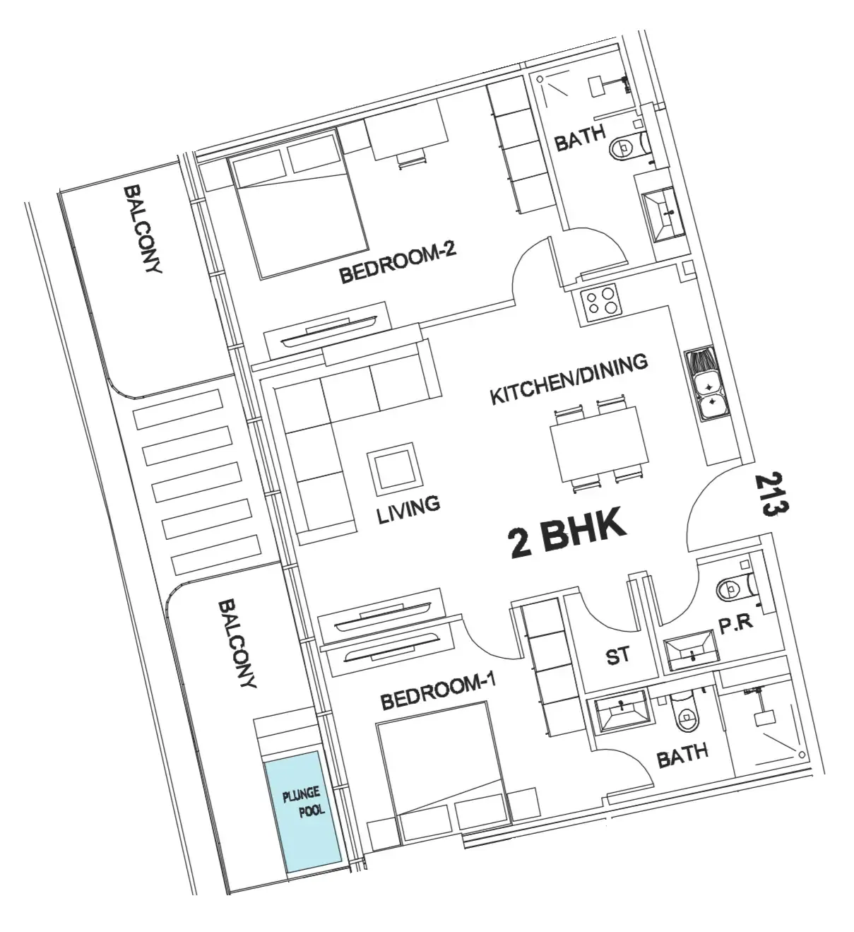 Villa Del Garda 2 bed floor plan, 1,125 sqft