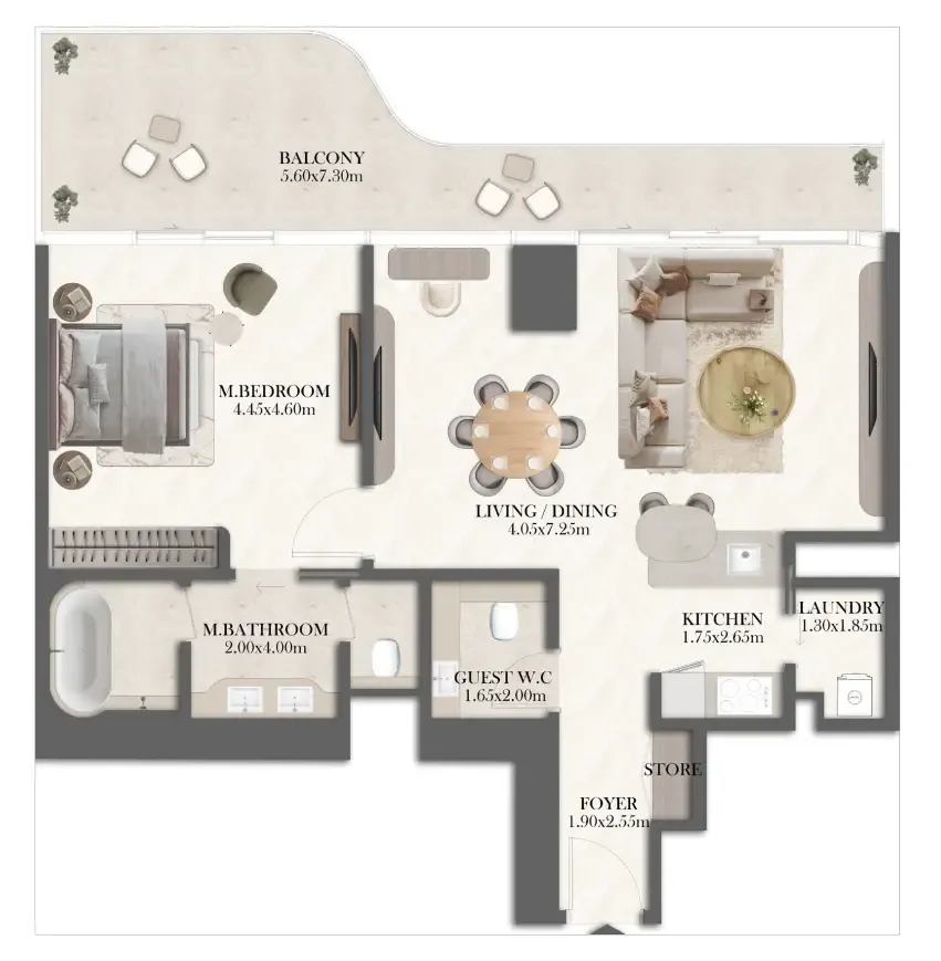 Jumeirah Residences at Al Maryah Island 1 bed floor plan, 1,240 sqft