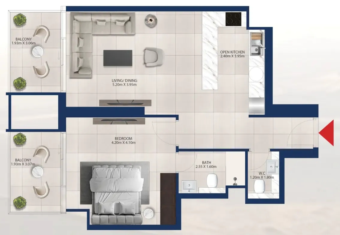 Al Vista 1 bed floor plan, 828 sqft