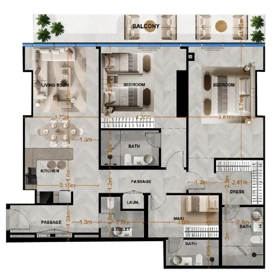 Radiant Terrace 2 bed floor plan, 1,538 sqft