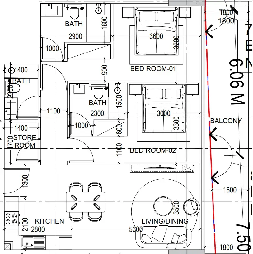 Al Haseen Residences 6 2 bed floor plan, 1,096 sqft