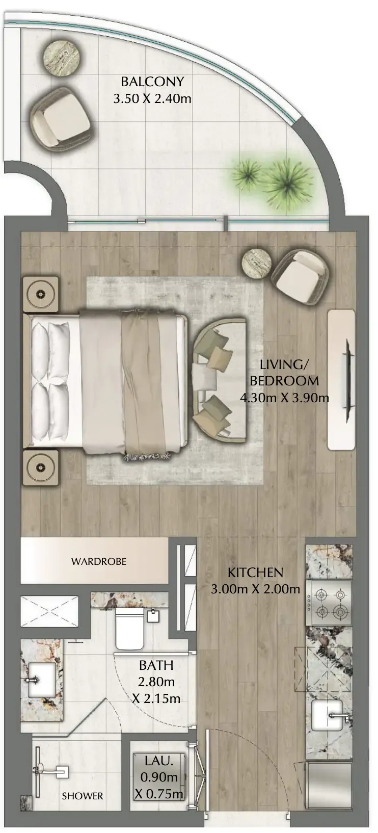 One Residence Studio floor plan, 470 sqft