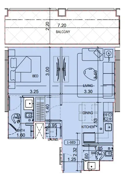 Binghatti Titania 1 bed floor plan, 674 sqft