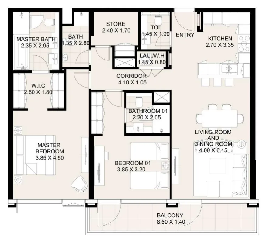 Canal Front Residences 3 and 4 2 bed floor plan, 1,416 sqft